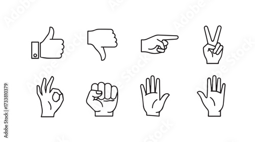 Collection of hand gestures icons showing communication and actions in simple line art style vector