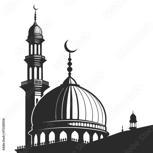 Black silhouette of mosque dome and minaret on white background 1