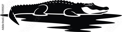 Fierce alligator or crocodile predator submerged in dark water with a strong reflection vector silhouette illustration depicting dangerous wildlife and jungle animal.