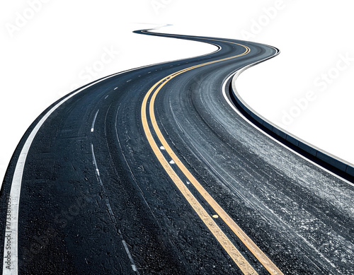 Winding road with double yellow lines, white shoulder, receding into darkness