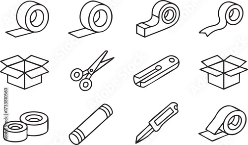 Vector Icons Set of Packaging Materials Including Adhesive Tape and Box Cutter