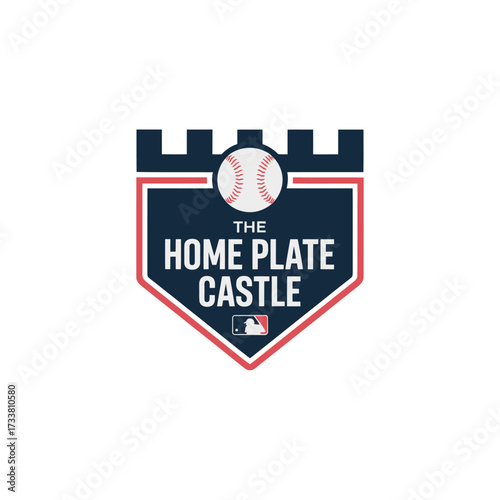 Baseball home plate crest, castle turret banner, patriotic sport identity, community team emblem, strong collegiate style vector graphic