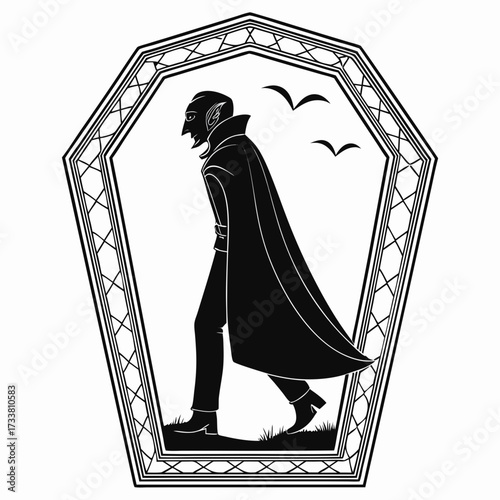 Black silhouette vampire walking in coffin frame with bats