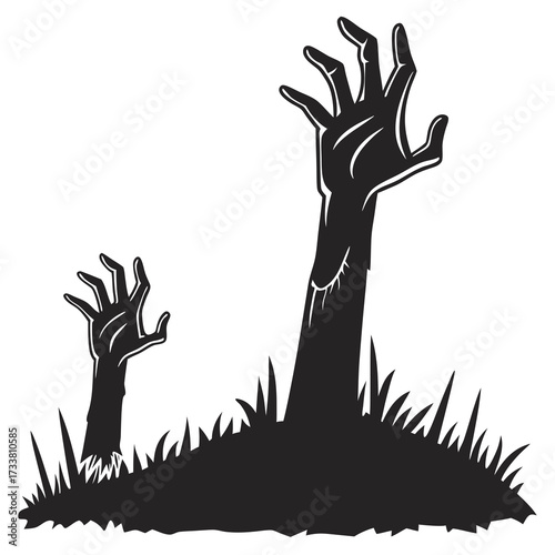 Black silhouette zombie hands rising from grass emerging