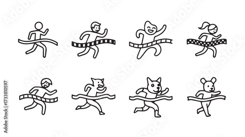 Happy runners crossing finish line diverse characters celebrating victory and achievement in sports vector