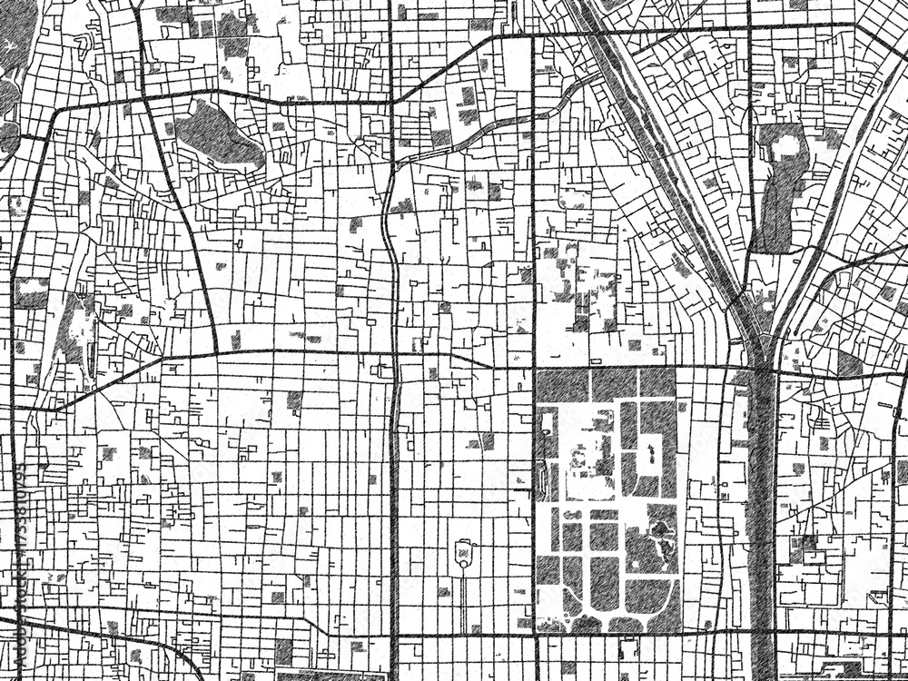 Naklejka premium Sketch-style black and white map of Kamigyo-ku, Japan, perfect for illustration and wall art.