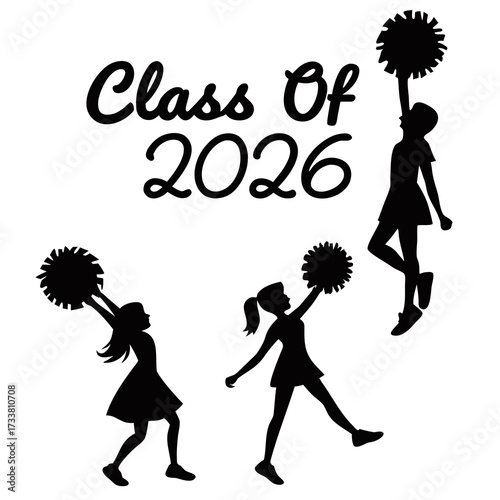 Black silhouettes of three cheerleaders with pom poms and text Class Of 2026