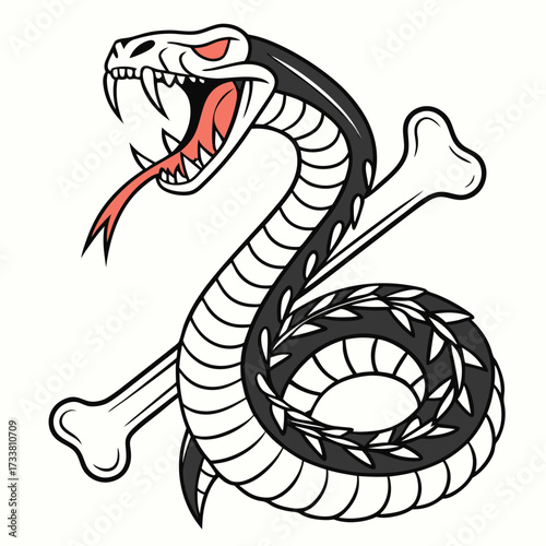 Black snake coiled around bone with open mouth white