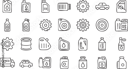 Outline Icons of Car Oil, Lubricants and Mechanical Gear Parts Vector Collection