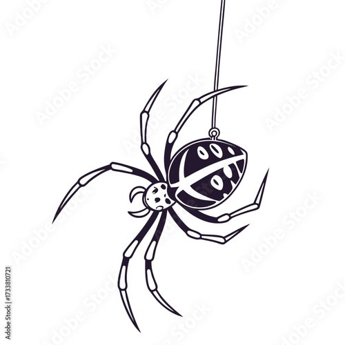 Black spider hanging from a single thread illustration