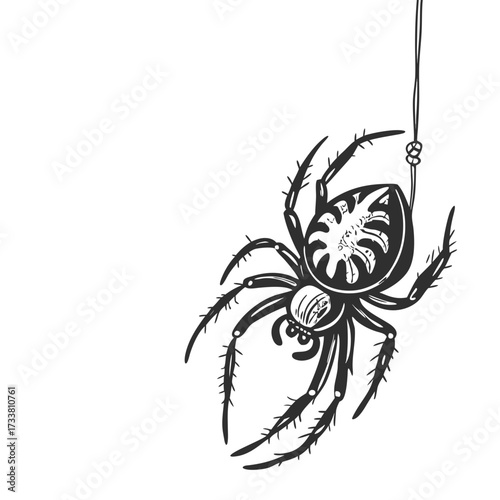 Black spider suspended by a single thread arachnid