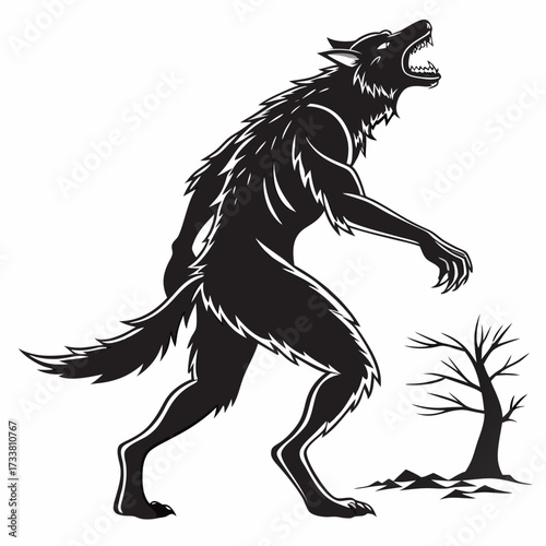 Black werewolf silhouette howling next to bare tree