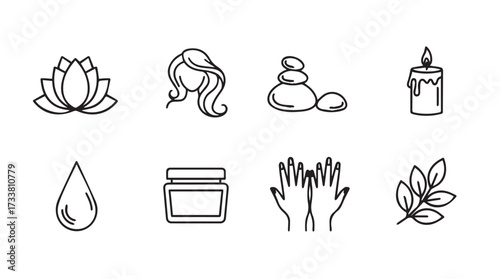 Spa and wellness icons set lotus flower woman hair massage stones candle droplet cream hands and leaves vector