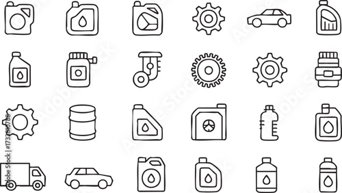 Automotive Fluids and Gear Icons Pack Featuring Car, Barrels and Containers