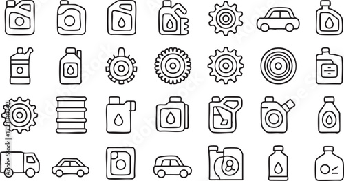Automotive Oil and Gear Line Icons with Car, Engine Fluids and Maintenance Symbols