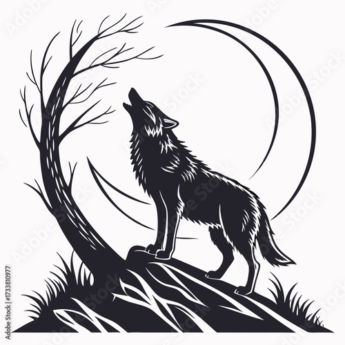 Black wolf howling at crescent moon and bare tree night