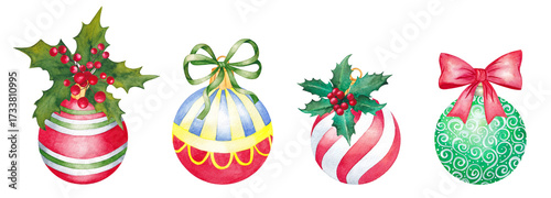 New Year's tree decorations, balls. Watercolor illustration.