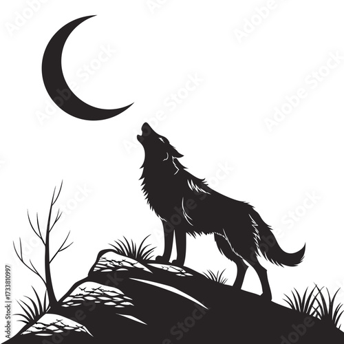 Black wolf howling at crescent moon on rocky hill night