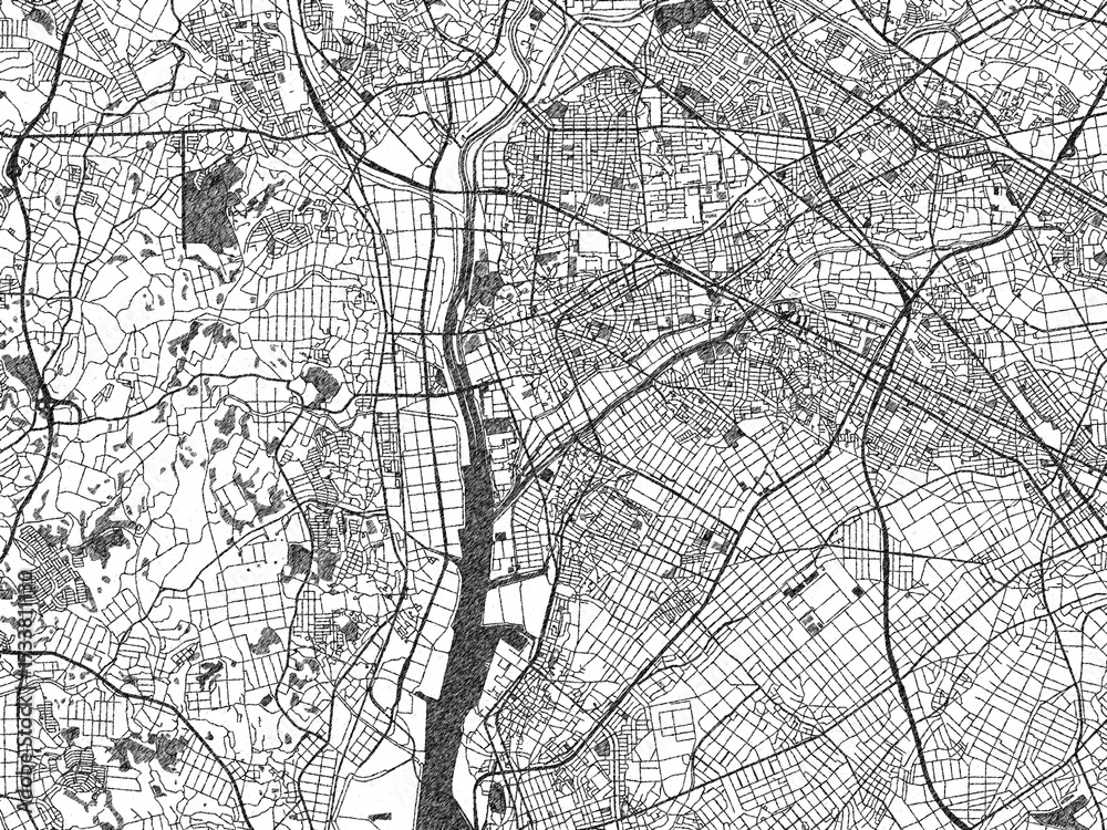 Naklejka premium Poster-ready monochrome city map of Kariya, Japan, with detailed streets and rivers.