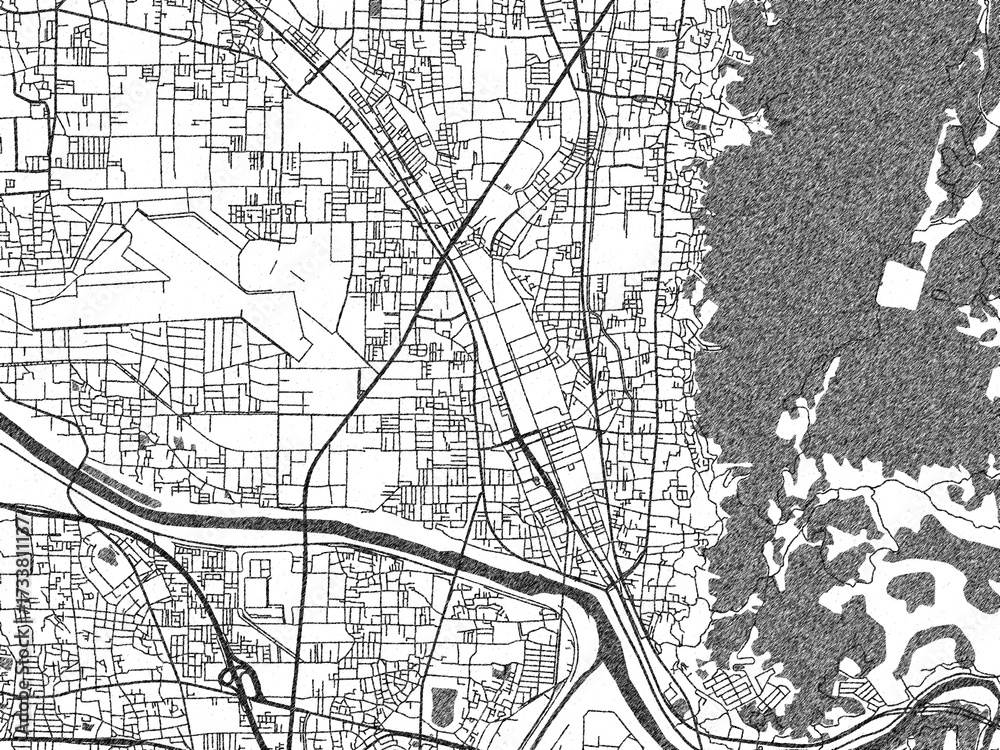 Obraz premium City map illustration of Kashihara, Japan, rendered in black and white sketch style.