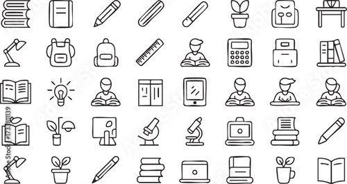 Education Line Icons with School Supplies, Books, Students and Stationery