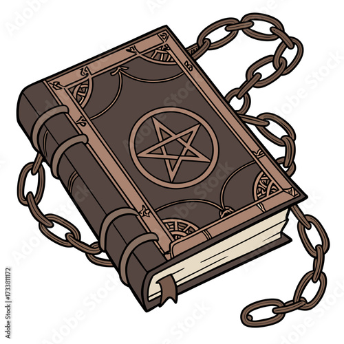 Brown book of spells with pentagram and chains magic