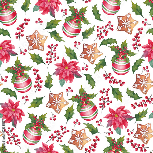 Seamless pattern of Christmas decorations. Watercolor illustration.