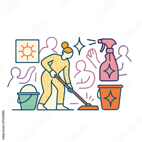 A cartoonish lady  moping floor