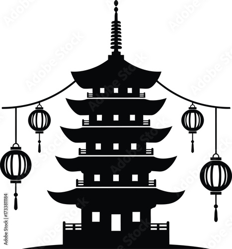 Traditional asian pagoda temple silhouette decorated with hanging chinese or japanese lanterns vector illustration graphic representing travel culture and architecture.