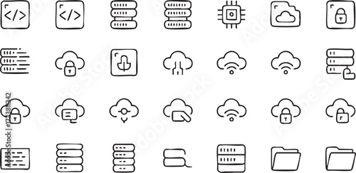 Vector Icons Set of Cloud Technology, Data Storage and Internet Connections