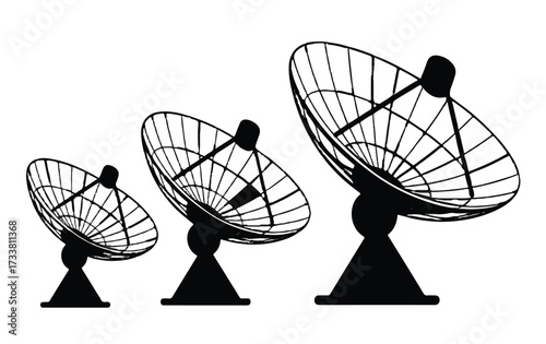 Three Black Silhouette Satellite Dishes of Varying Sizes on White Keywords: satellite dish, antenna, communication, technology, dish, signal