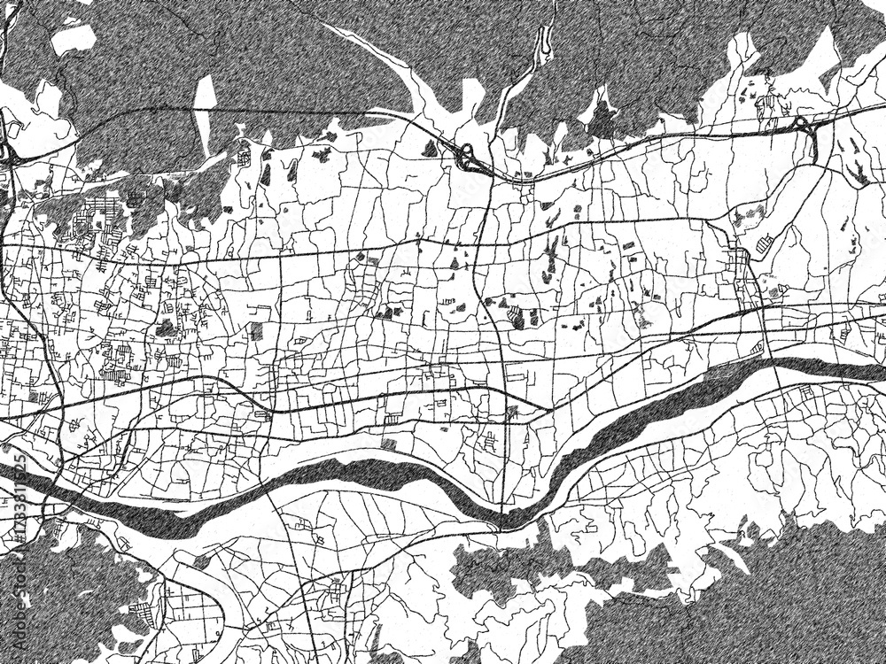 Naklejka premium Artistic urban sketch of Kinokawa, Japan, detailed in black and white map form.