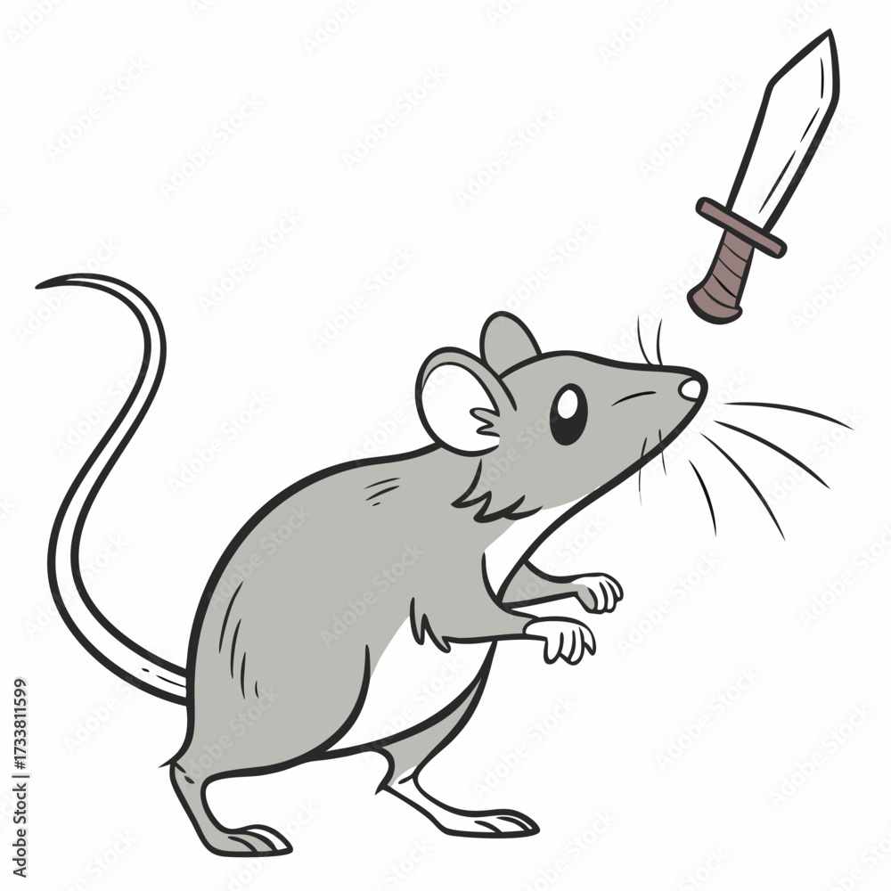 Fototapeta premium Cartoon gray mouse looking up at a tiny knife rodent