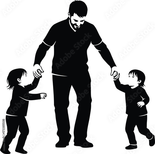 Happy father holding hands and playing with his two young children silhouette vector illustration representing family bonding love parenting and childhood joy.