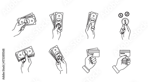 Hand holding money and credit card sketch set financial transactions and payment methods collection vector