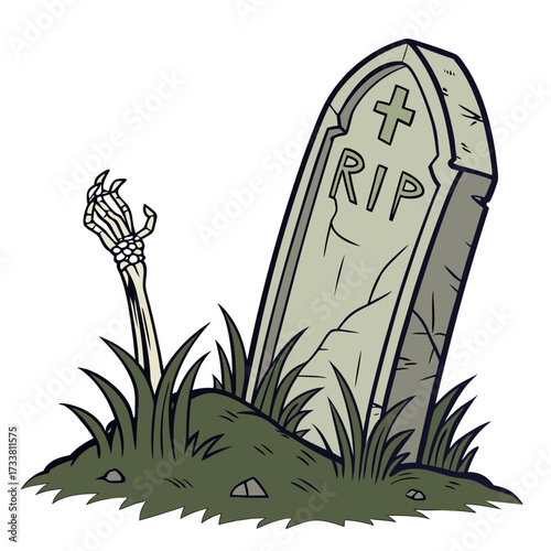 Cartoon gravestone with skeletal hand rising from ground