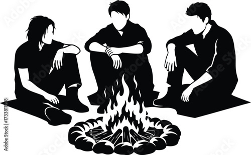 Three friends sitting around a bright burning campfire silhouette vector graphic illustration representing summer camping travel vacation friendship outdoor adventure.