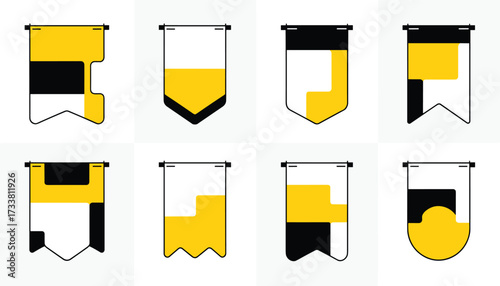 Collection of eight modern pennant flag designs with yellow, black, and white geometric shapes