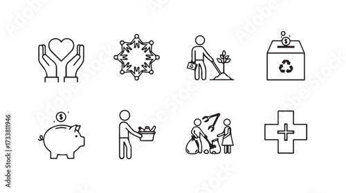 Set of social responsibility and community service icons for positive impact vector