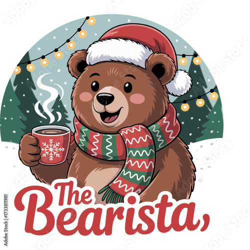 cozy bear with coffee mug, knitted scarf and hat, winter night lights, warm beverage mascot, charming vector