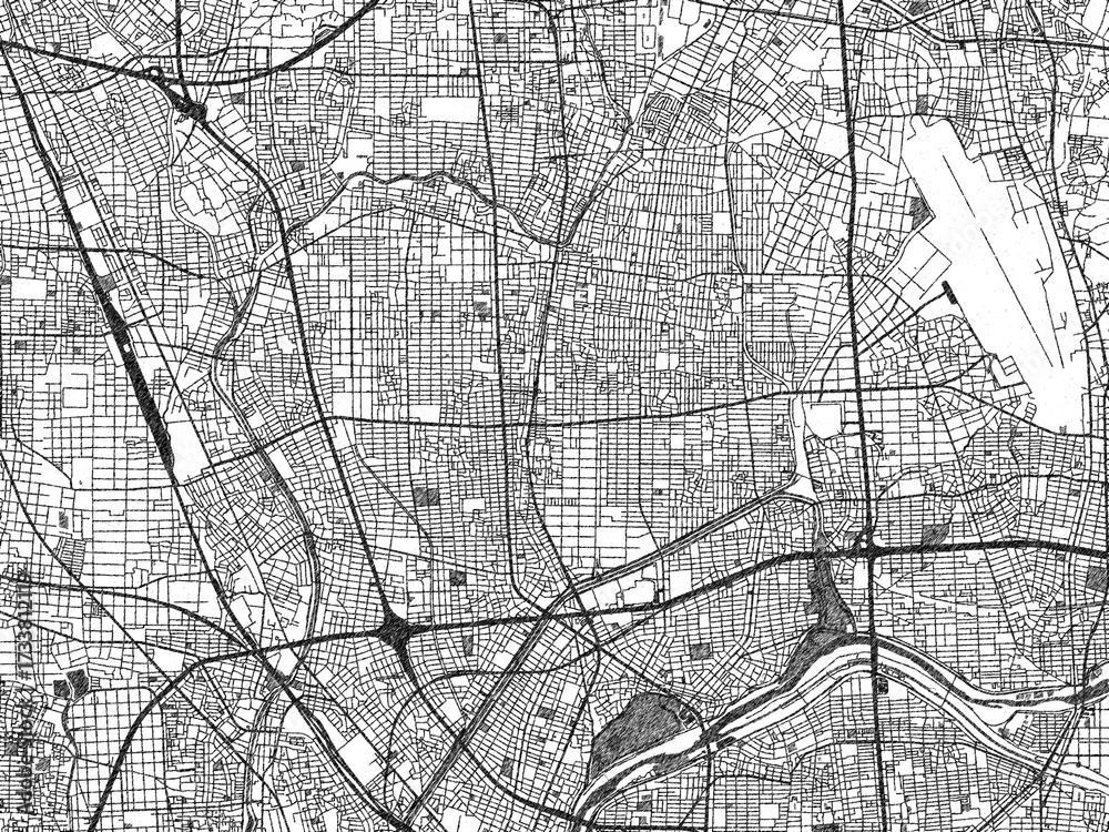 Naklejka premium Detailed black and white map of Kitanagoya, Japan, in artistic sketch style.
