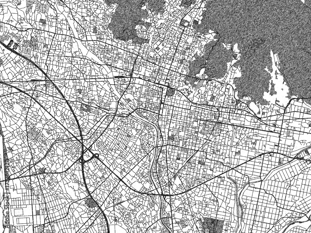 Fototapeta premium Artistic monochrome city map of Kofu, Japan, created in a hand-drawn style.