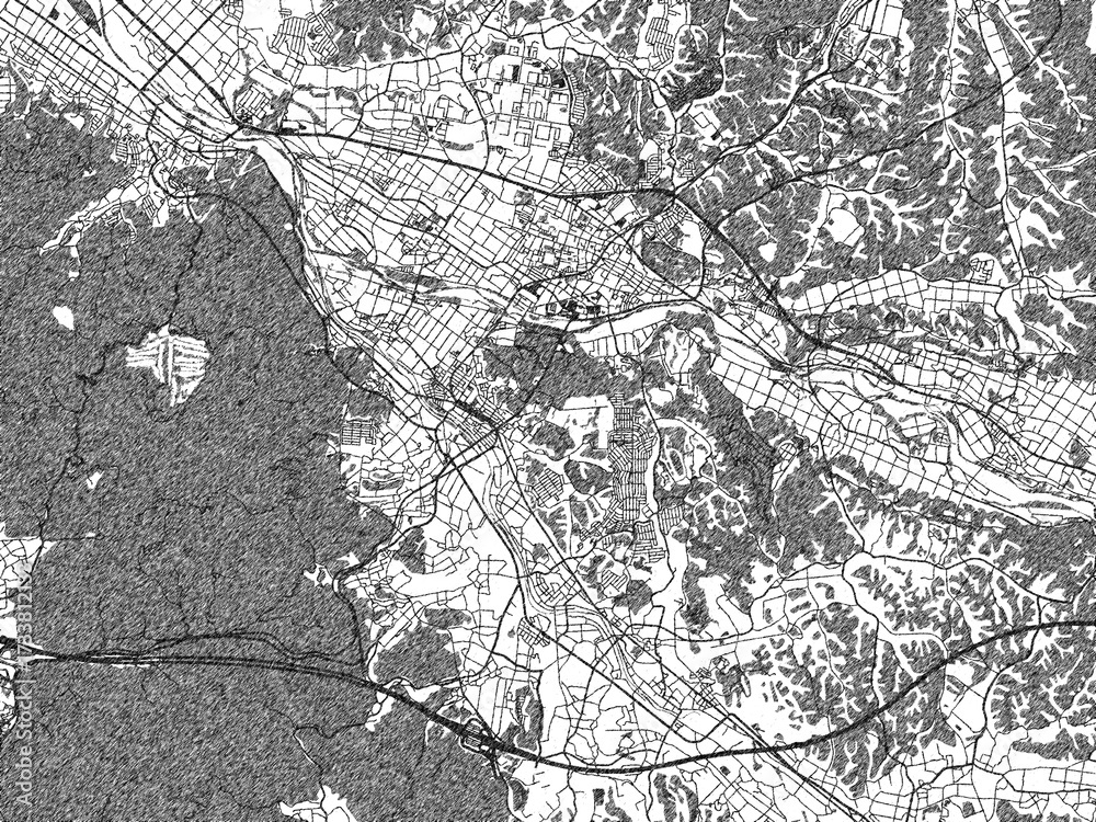 Fototapeta premium Illustrated map of Koka, Japan, in black and white hand-drawn digital style.