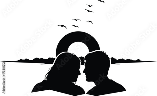 Romantic couple silhouette looking at each other during a beautiful sunset or sunrise moment with flying birds vector graphic illustration representing love romance and relationship.