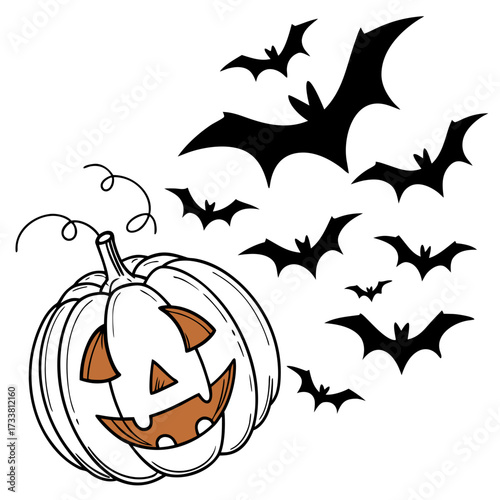 Carved pumpkin with flying bats graphic halloween jack o lantern