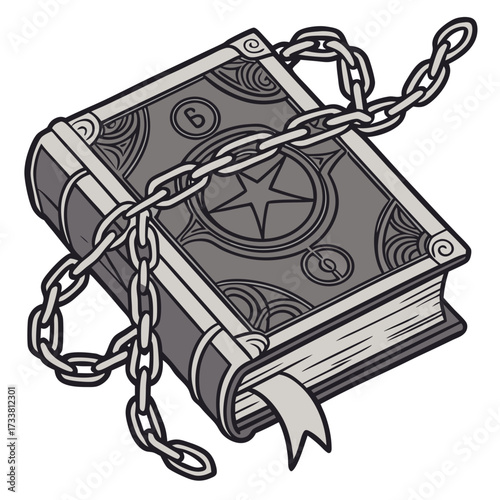 Chained ancient book with pentagram and swirls chains