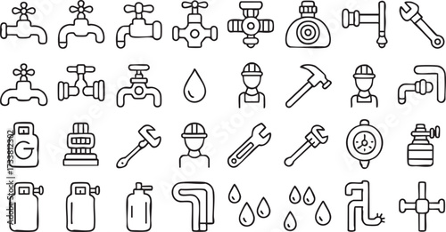 Water and plumbing outline icons pack with faucets tools pipes and construction maintenance graphics