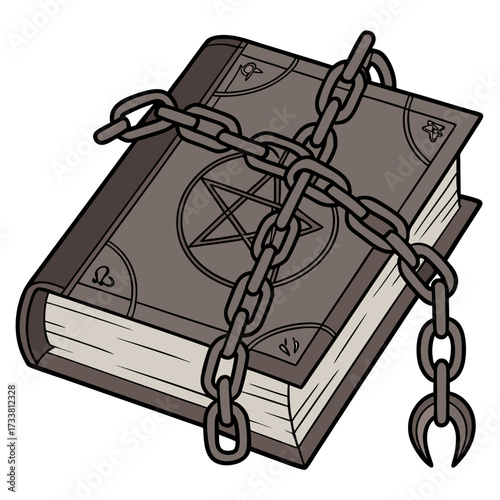Chained occult book with pentagram and symbols magic