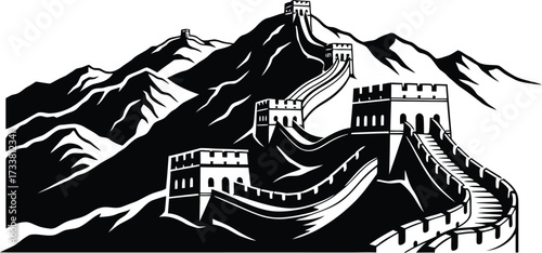 Ancient great wall of china illustration vector graphic in black and white majestic monument of beijing asia world heritage site landmark traveling history.