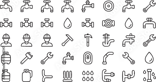 Plumbing vector line icons set with water pipes faucets and plumber repair service design elements